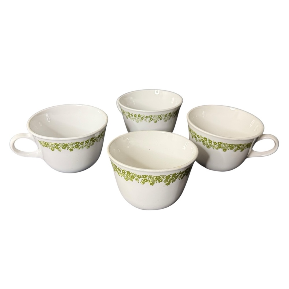 Vintage Spring Blossom Corelle Crazy Daisy Avocado Green Cups Mugs Boho Set Of 4